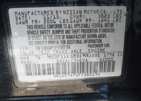 2015 Nissan Sentra S from USA, damaged, VIN 3N1AB7AP1FY380194